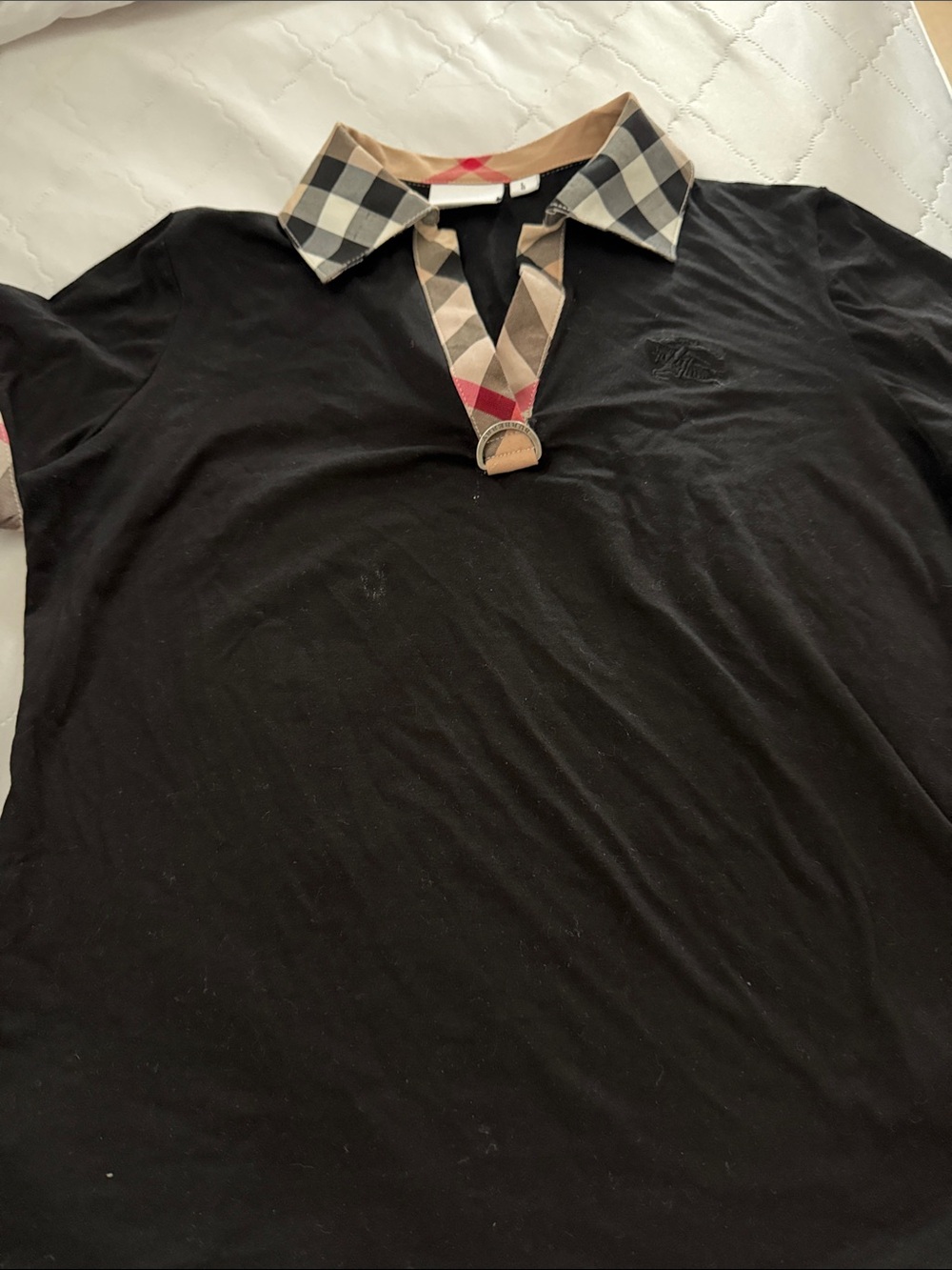 Black Womens Polo Shirt with Check Trim Collar